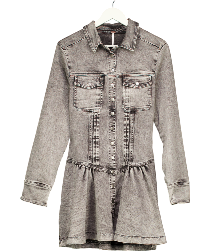 Free People Grey Roadhouse Denim Shirt Mini Dress UK M