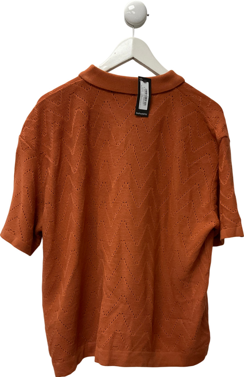 boohooMan Short Sleeve Boxy Open Stitch Knitted Shirt Burnt Orange UK M