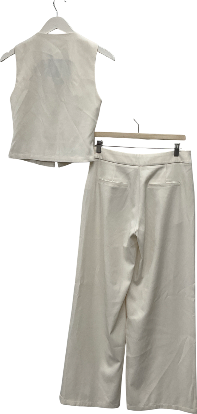 PrettyLittleThing Cream Premium Woven Zip Up Detail Sleeveless Top & Woven Tailored Wide Leg Belt Detail Trousers UK 10