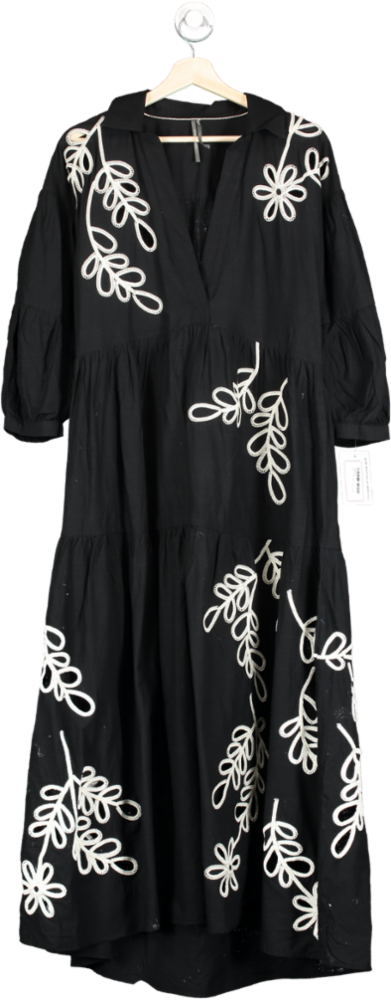 Anthropologie Black Floral Embroidered Midi Dress UK 12