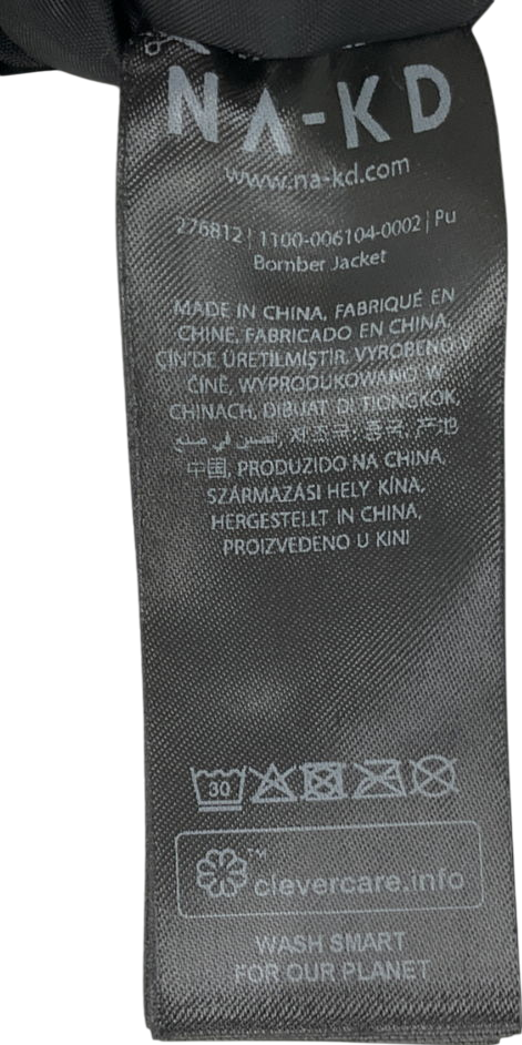 NA-KD Black Faux Leather Bomber Jacket UK 8