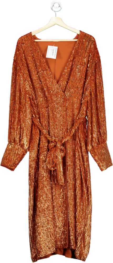 ASOS EDITIONS RUST Sequin Long-Sleeve Wrap Dress UK 18