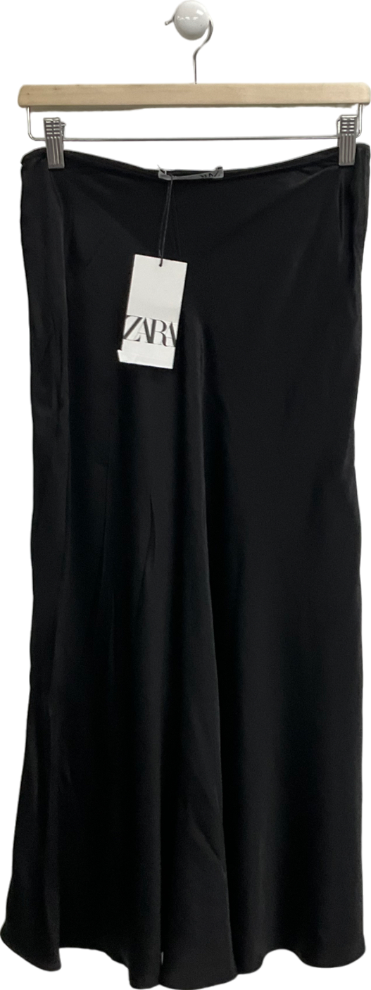 ZARA Black Satin Midi Skirt UK S