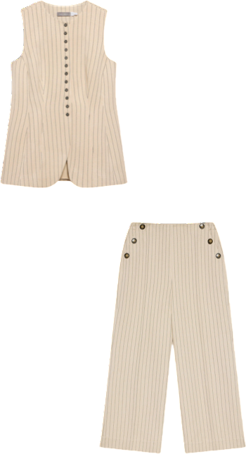 MINT VELVET 2-piece Beige Pinstripe Button Front Waistcoat Top &  Trouser Set UK 10