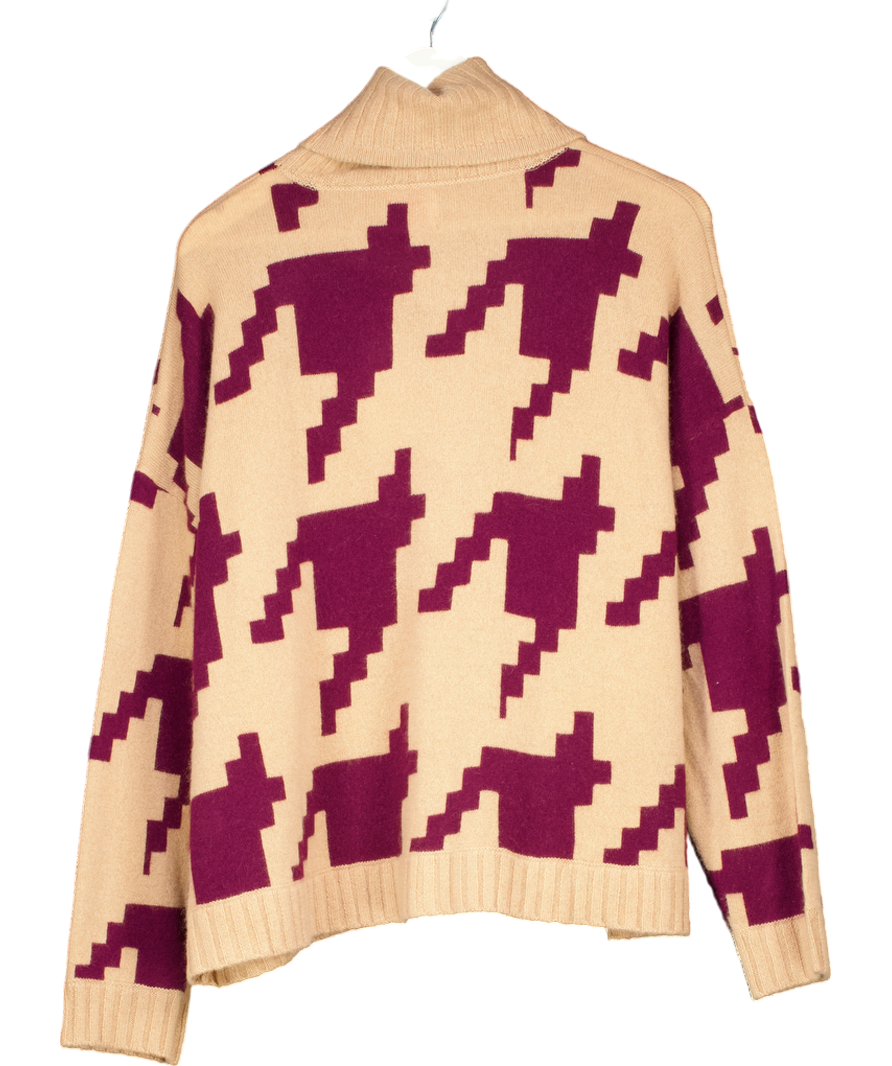 Brodie Cashmere Beige Hayley 100% luxury cashmere Houndstooth Roll Neck Sweater UK L