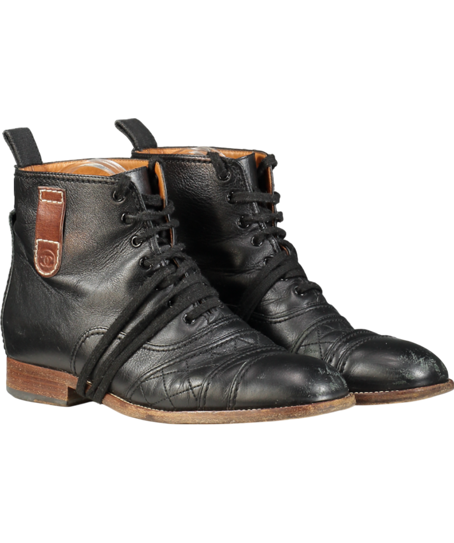 Chanel Black 2014 Interlocking CC Logo Lace-up Boots UK 5 EU 38 👠