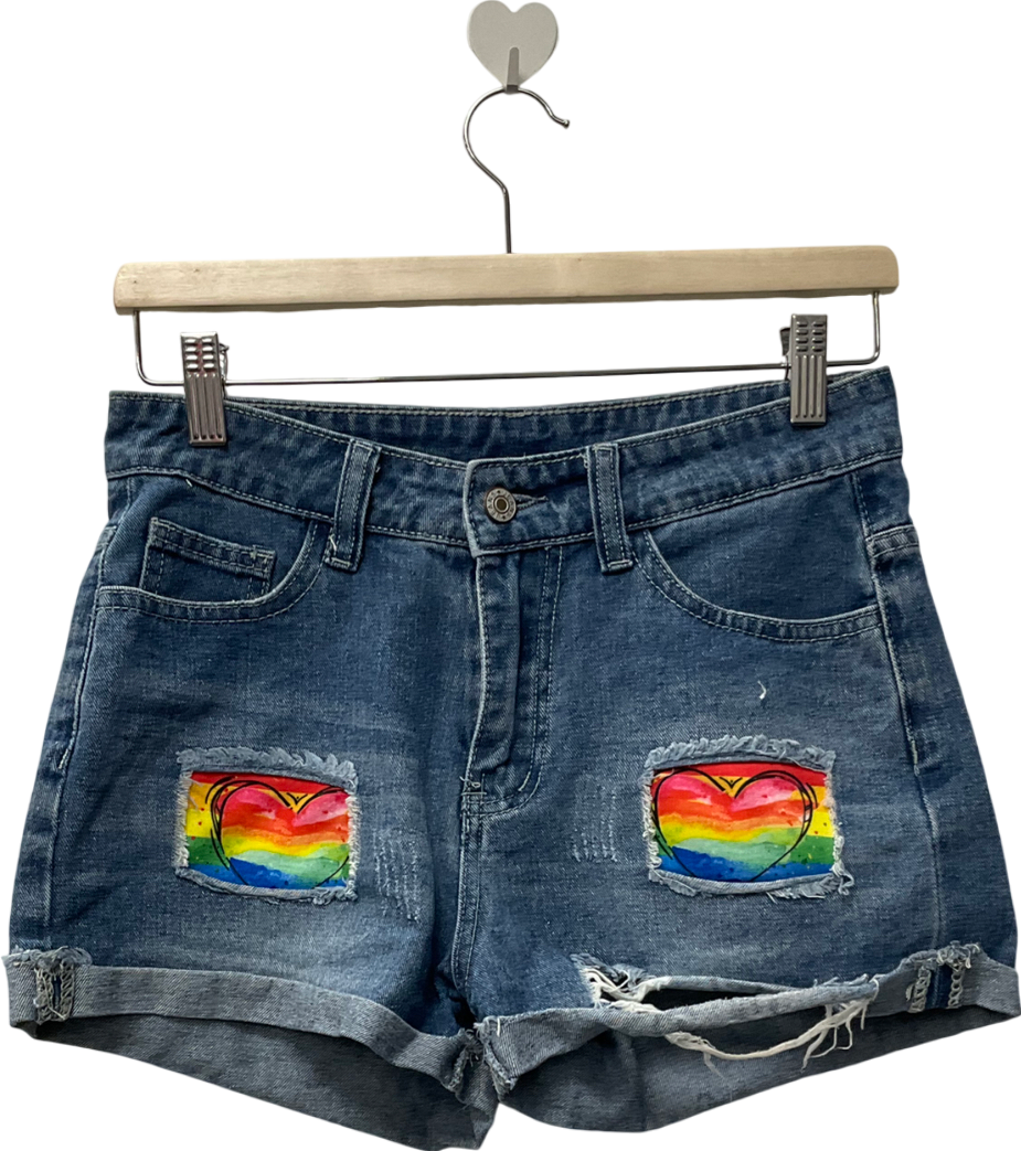 Blue Rainbow Heart Denim Shorts UK 4