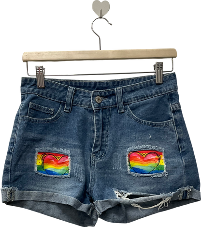 Blue Rainbow Heart Denim Shorts UK 4