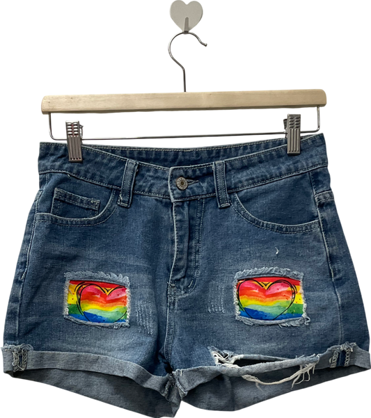 Blue Rainbow Heart Denim Shorts UK 4