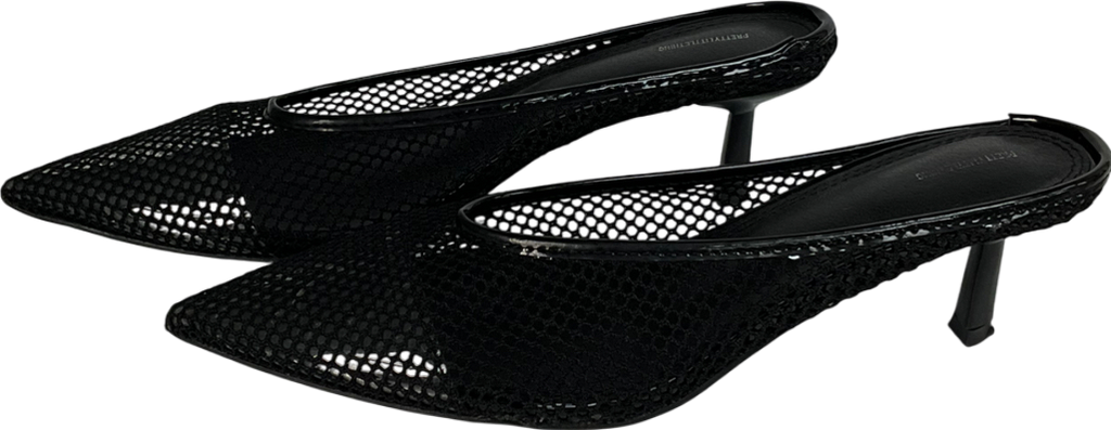 PrettyLittleThing Black Mesh Point Toe Low Heel Court Mules UK 6 EU 39 👠