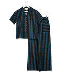 Lingua Franca 2-piece Navy Blue Cotton Seersucker  Grikos Shirt And Wide Leg Trousers Set UK XS