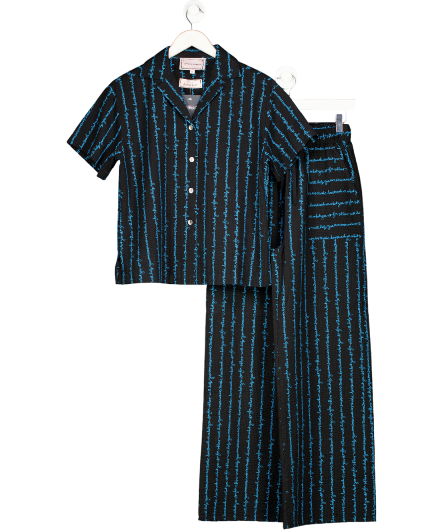 Lingua Franca 2-piece Navy Blue Cotton Seersucker  Grikos Shirt And Wide Leg Trousers Set UK XS