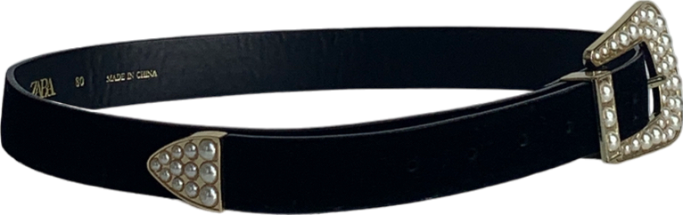 ZARA Black Velvet Belt With Pearl Trim UK 14