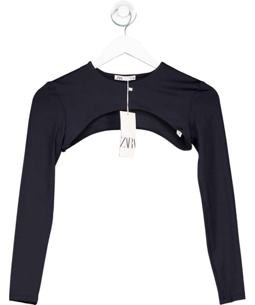 ZARA Black Crop Top Long Sleeve Round Neck Half Shirt UK S
