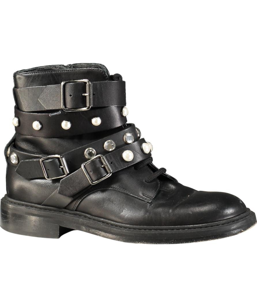 Pinko Black Leather Pearl & Crystal Trimmed Biker Boots UK 5 EU 38 👠