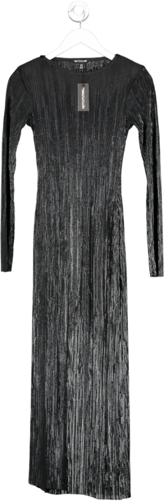 PrettyLittleThing Black Plisse Long Sleeve Split Detail Midi Dress UK 8