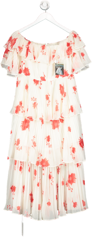Self-Portrait White White/red Tiered Floral Chiffon Dress UK 8