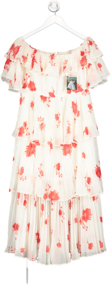 Self-Portrait White White/red Tiered Floral Chiffon Dress UK 12