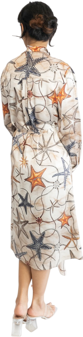 AQUA & ROCK Beige Stella Marine Silk Printed Wrap Dress UK XL