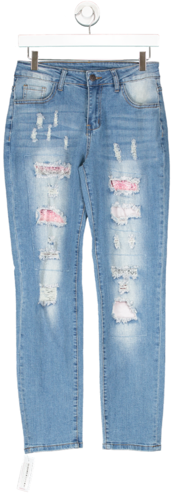 Evaless Blue Pink Gradient Ripped Patchwork Casual Jeans UK 8