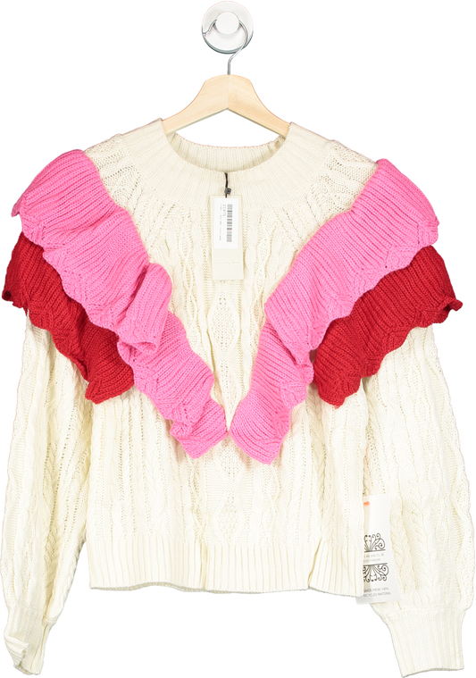 Never Fully Dressed Cream/ Pink Ruffle Cable Jumper  UK S