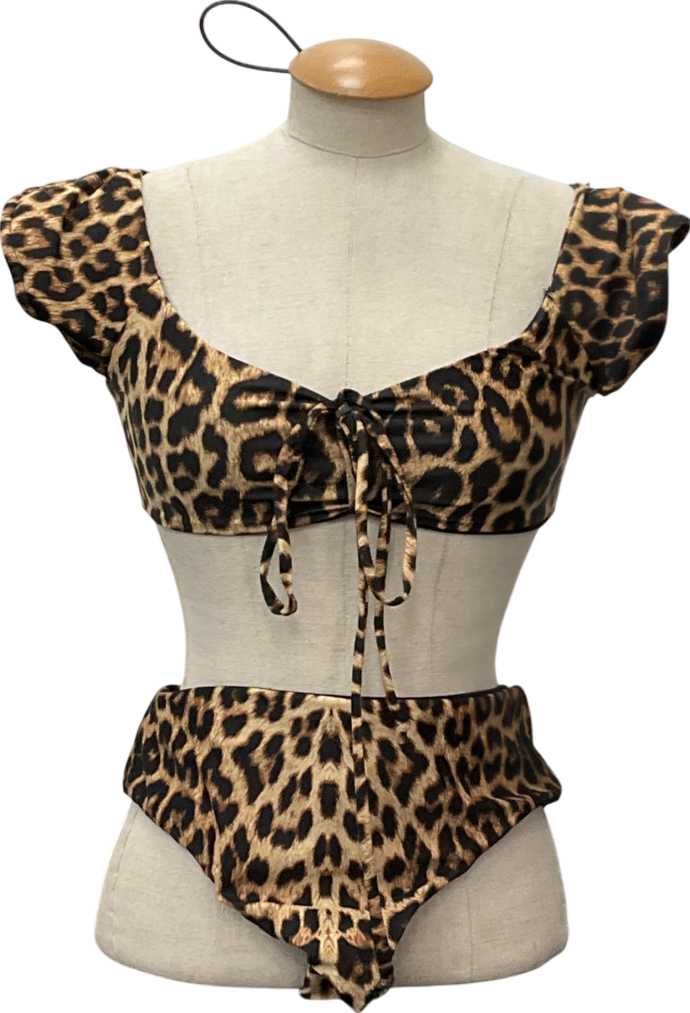 salt & saunter Brown Leopard Print Bikini Top & High Waisted Bottoms UK S/M