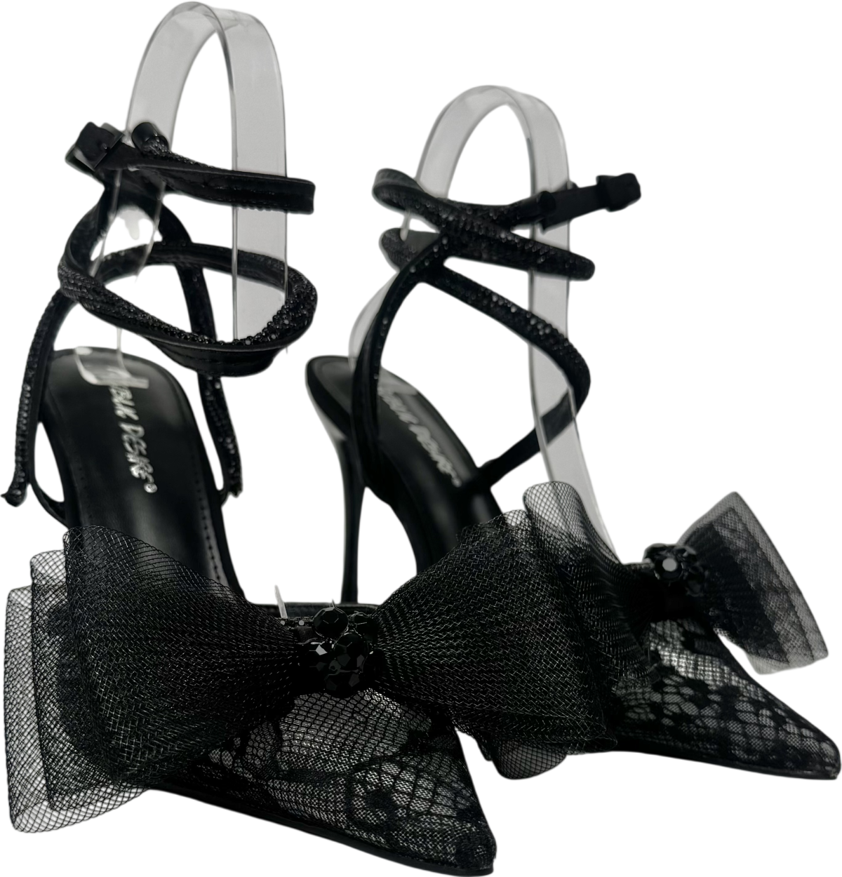 Public Desire Brat Black Diamante Strap Wrap Around Pointed Stiletto Heels UK 6 EU 39 👠