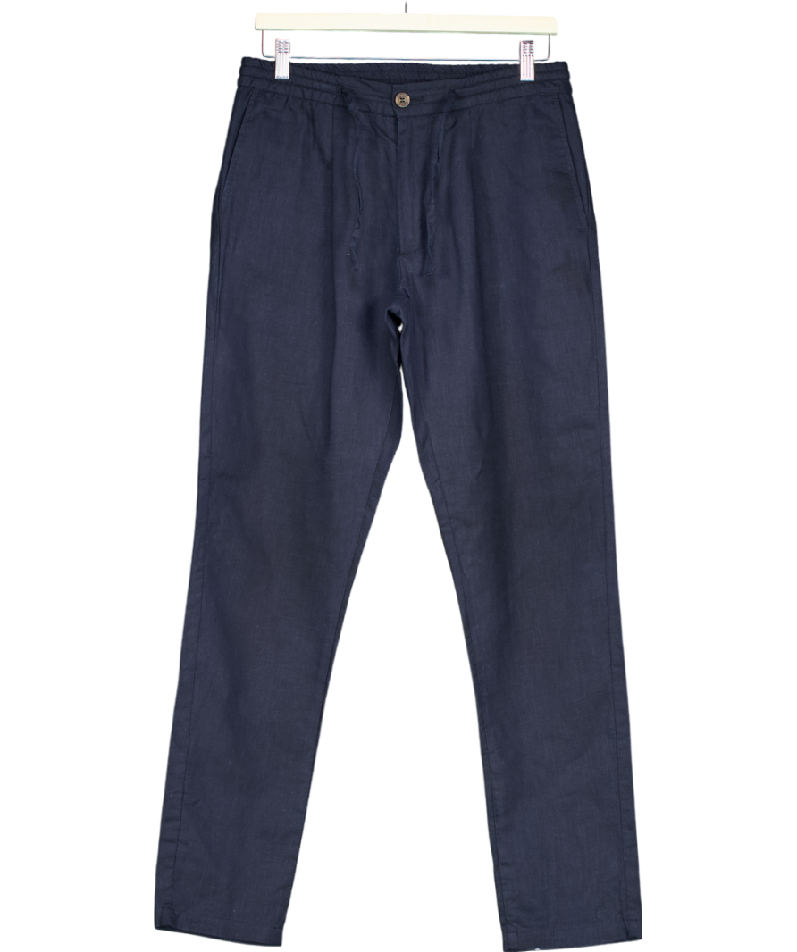 Aurelian Smart Luxury Navy Blue Linen Seaside Trousers UK S