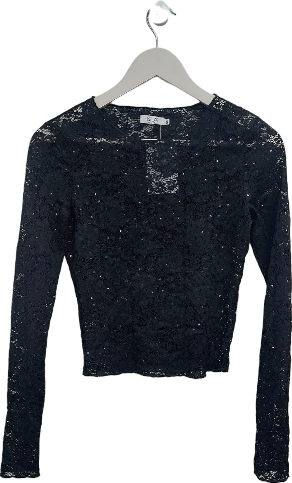 SLA the label Black Sequin Lace Long Sleeve Top UK XS