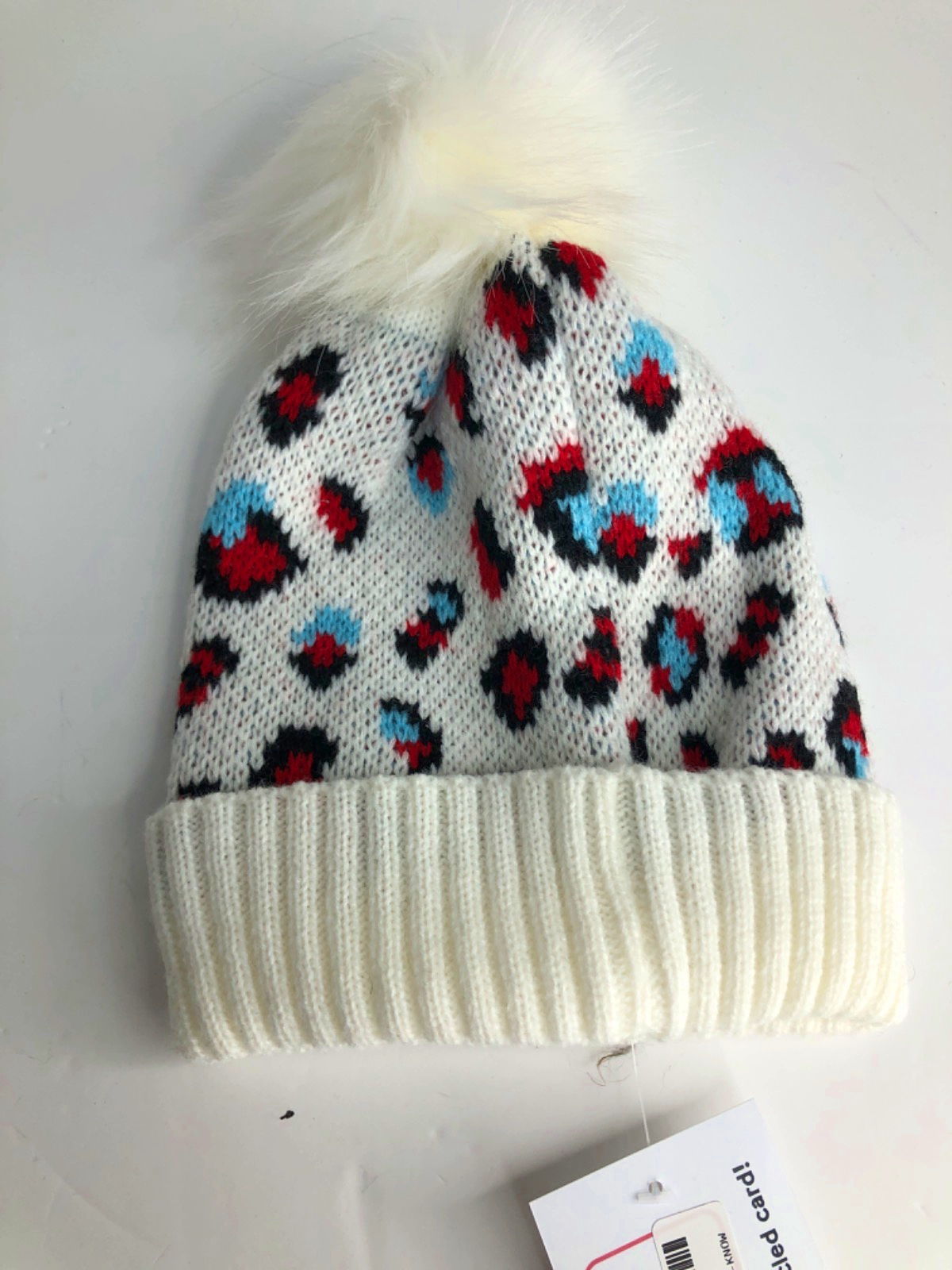 White Leopard Print Knit Beanie One Size