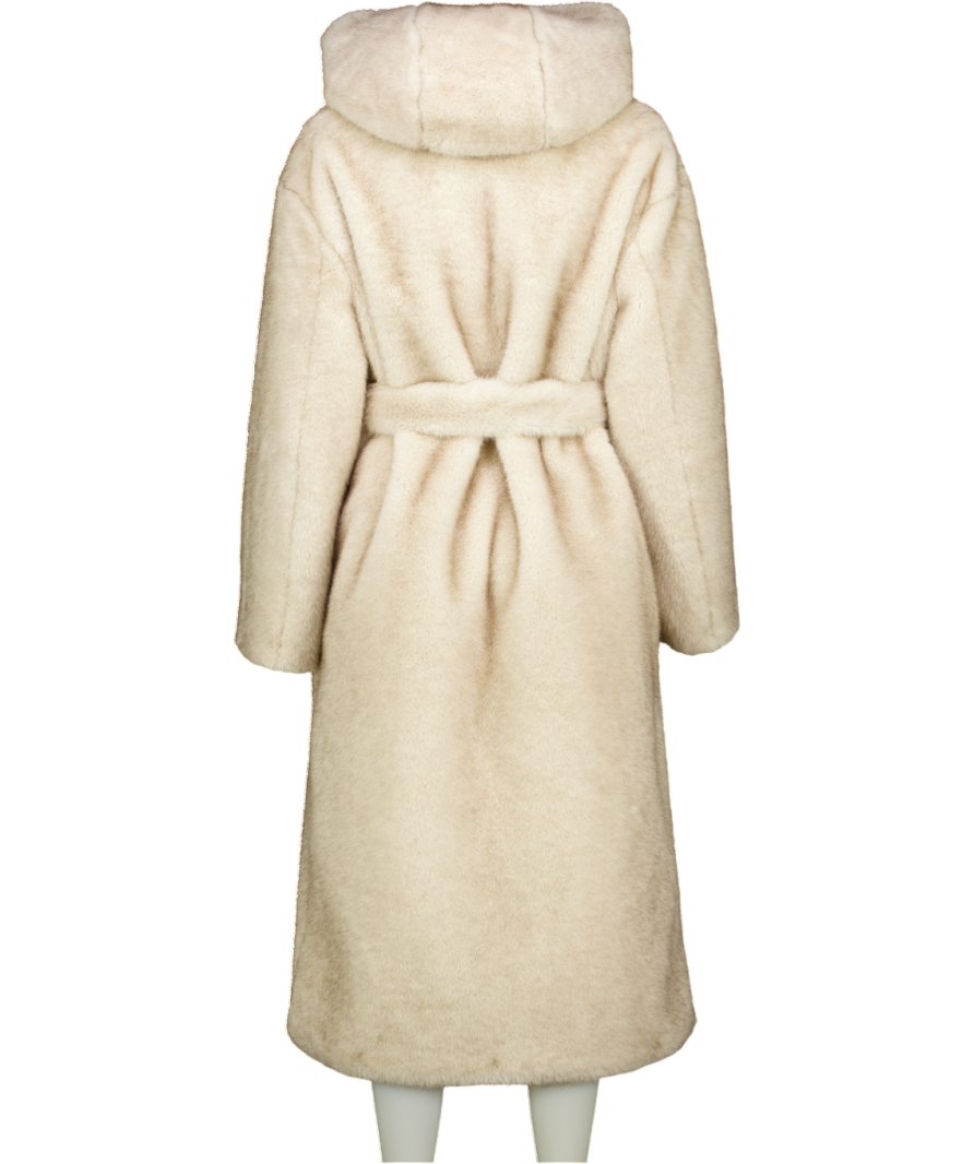 ZARA Cream Zw Collection Faux Fur Coat With Hood & Belt Ecru UK M