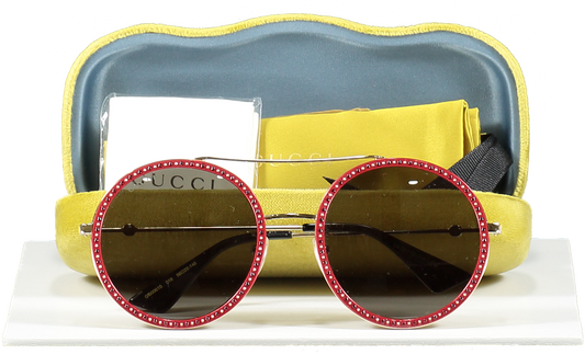 Gucci Circular Frame Red /gold Studded Sunglasses in case