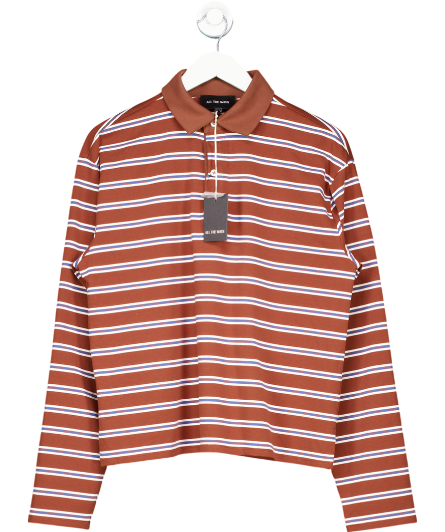 All the Ways Brown Long Sleeve Striped Polo Shirt UK S