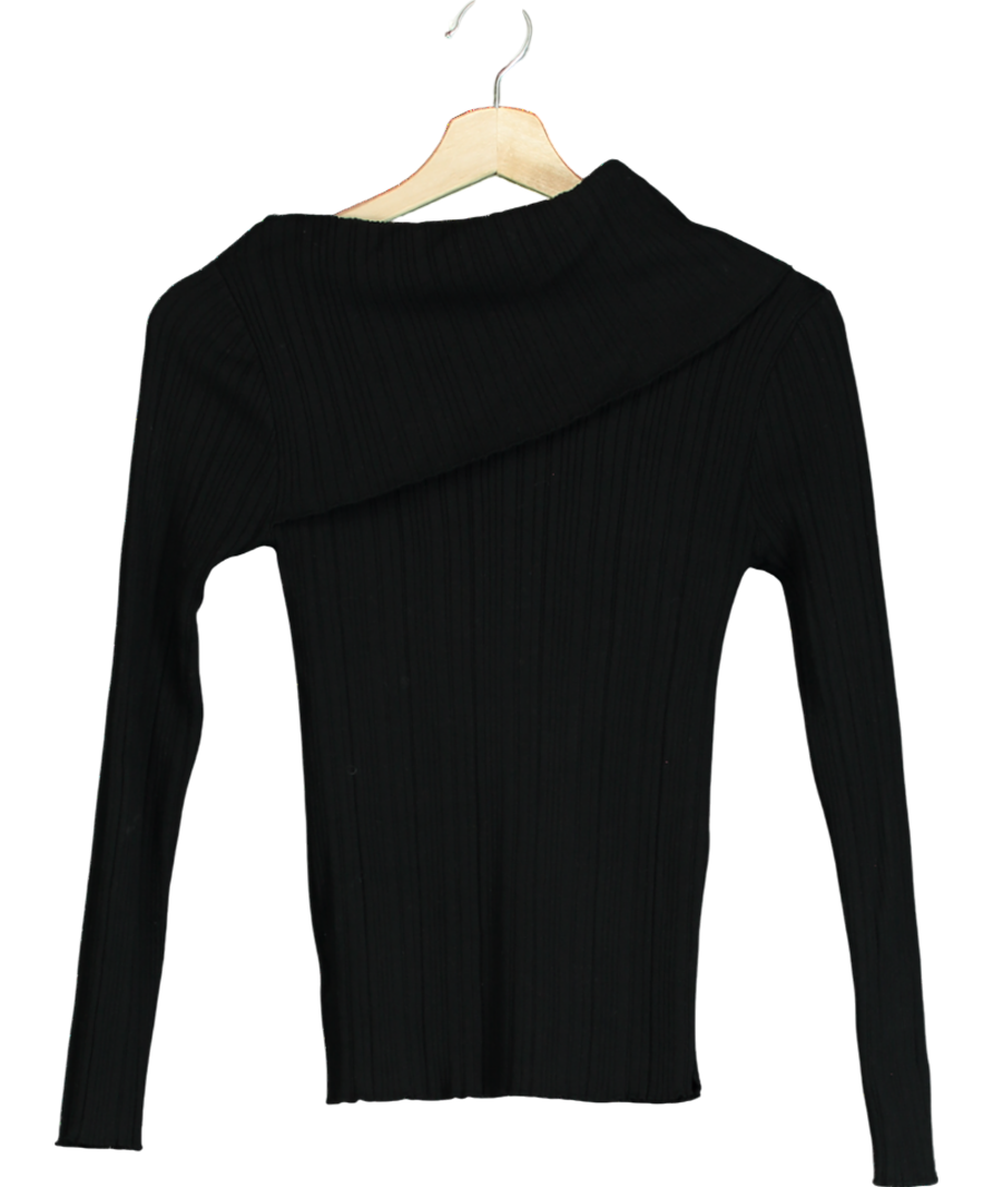 S_A Studio Black Ribbed Fold Neck Split Side Top UK S/M