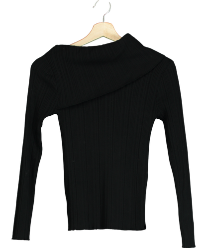 S_A Studio Black Ribbed Fold Neck Split Side Top UK S/M