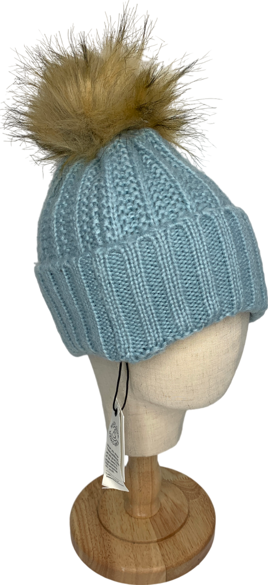 Treasure & Bond Blue Knitted Beanie With Faux Fur Bobble One Size