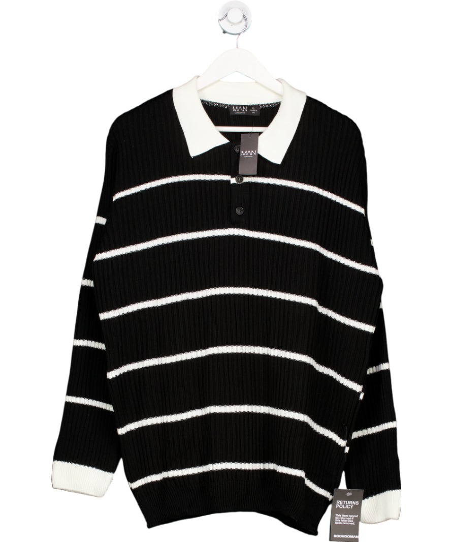 boohooMan Black Stripe Knitted Rugby Polo Shirt UK XL