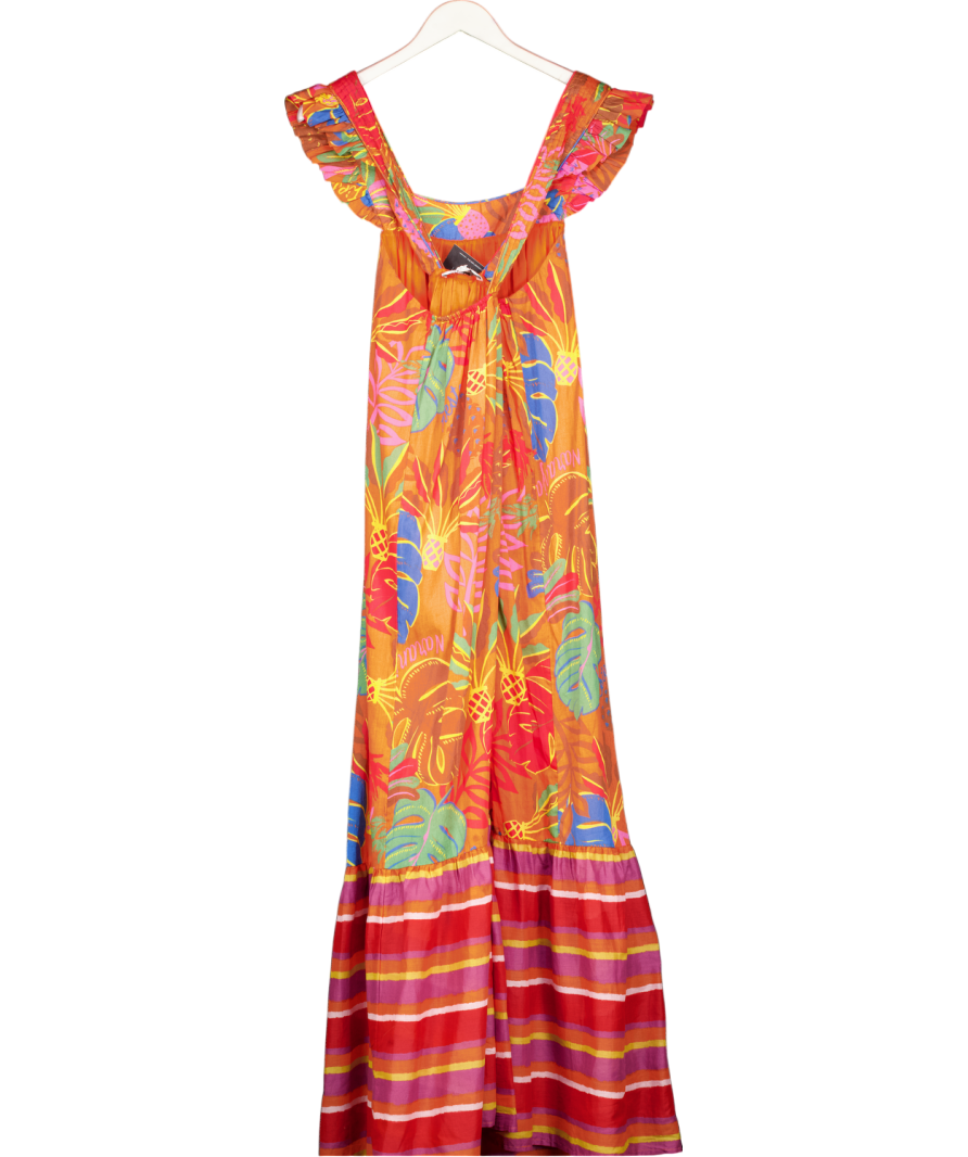 Next Orange Tropical Print Square Neck Frill Sleeve Maxi Dress UK 10
