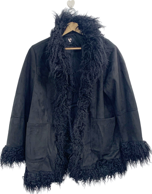 V by Very Black Faux Fur Trim Coat UK 20
