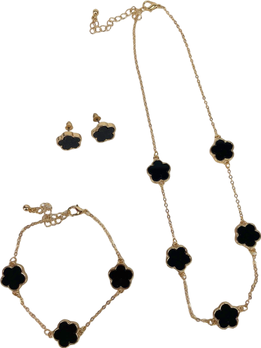 3-Piece Black Clover Necklace/Earrings/Bracelet Set in Tulle Gift Bag