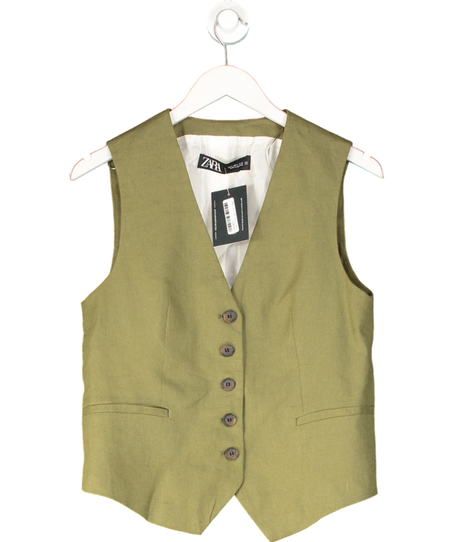 ZARA Green Linen Blend Tailored Waistcoat UK S