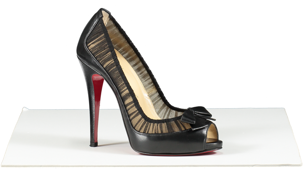 Christian Louboutin Black Leather/chiffon Angelique 100 Peep Toe Pumps UK 3 EU 36 👠