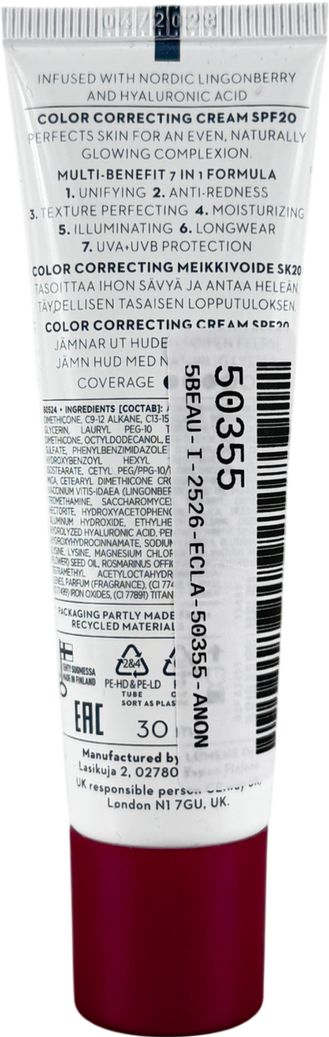 Lumene Cc Colour Correcting Cream Spf20 With Hyaluronic Acid 2 Medium 30ml