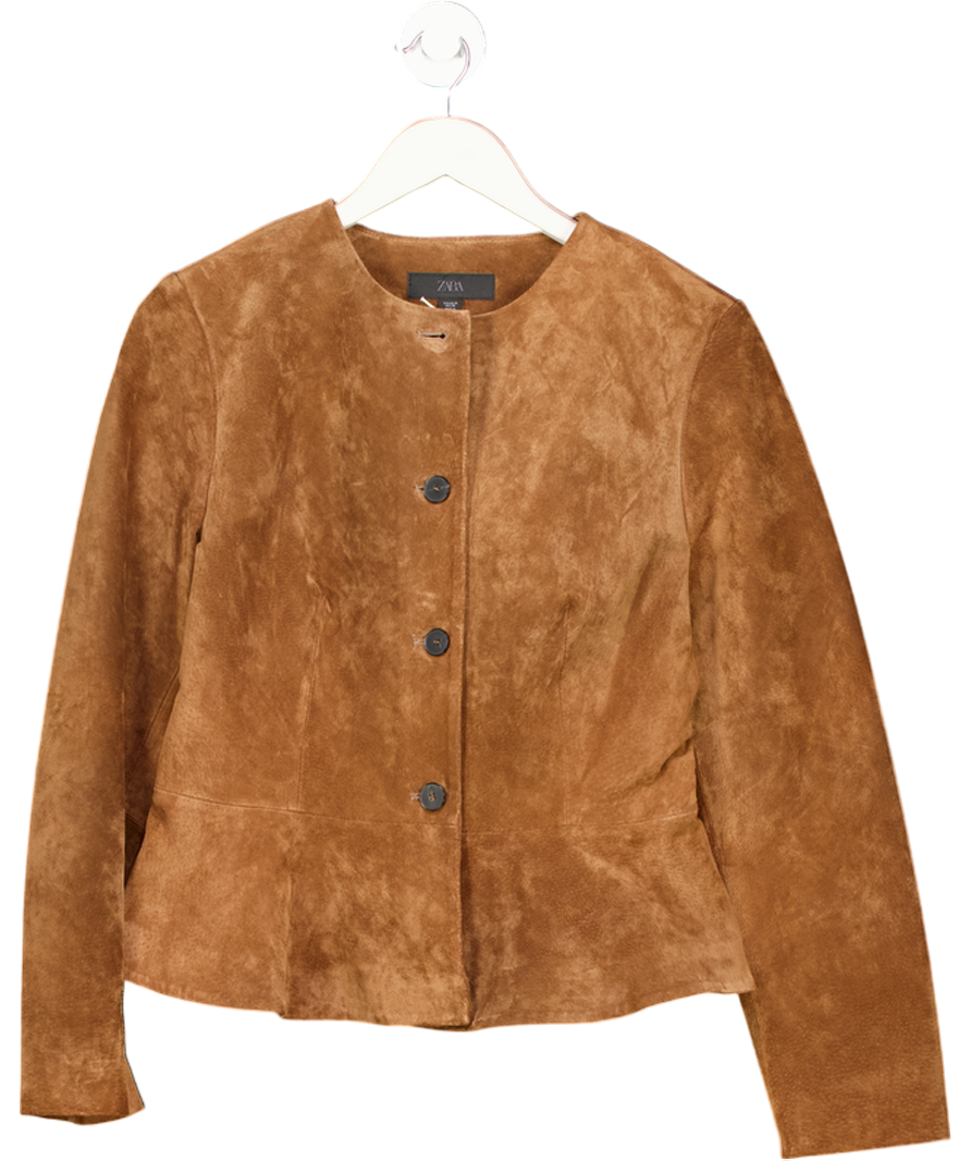 ZARA Tan Brown 100% Leather Jacket With Evasé Hem UK M