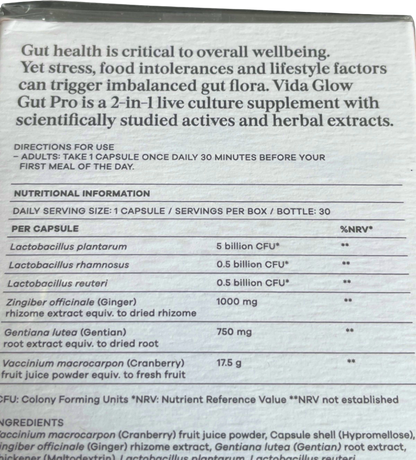 Vida Glow Gut Pro Vegan Shelf-Stable Multi-Strain Food Supplement 30 Capsules