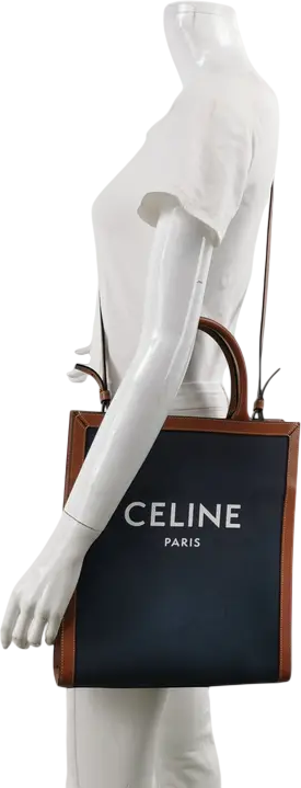 CELINE Blue Navy / Tan Brown Leather Vertical Cabas Tote Tote Bag With Crossbody Strap