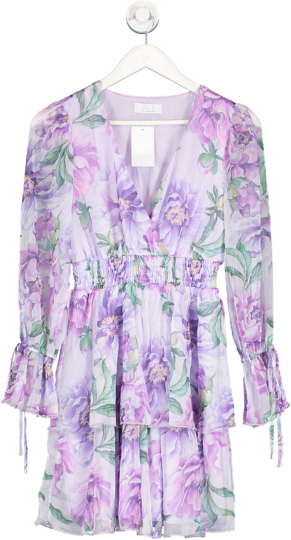 QUIZ Purple Lilac Chiffon Floral Tiered Long Sleeve Mini Dress UK 8