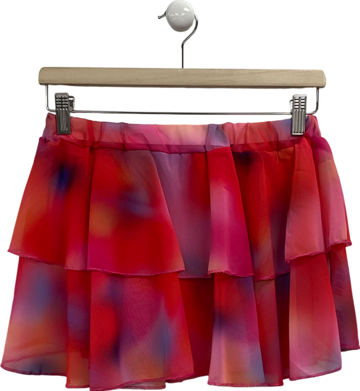 PrettyLittleThing Red Multi Printed Chiffon Frill Mini Skirt UK 12