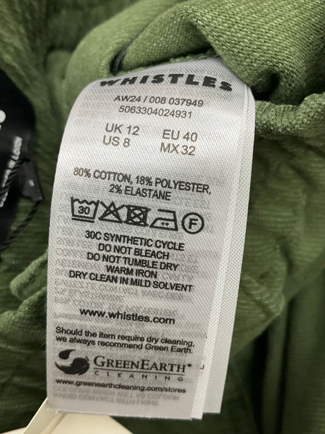 Whistles Green Tessa Casual Trouser UK 12