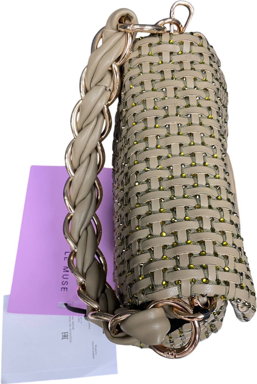marbella Green Le Muse Small Woven Bag With Rhinestones - Khaki